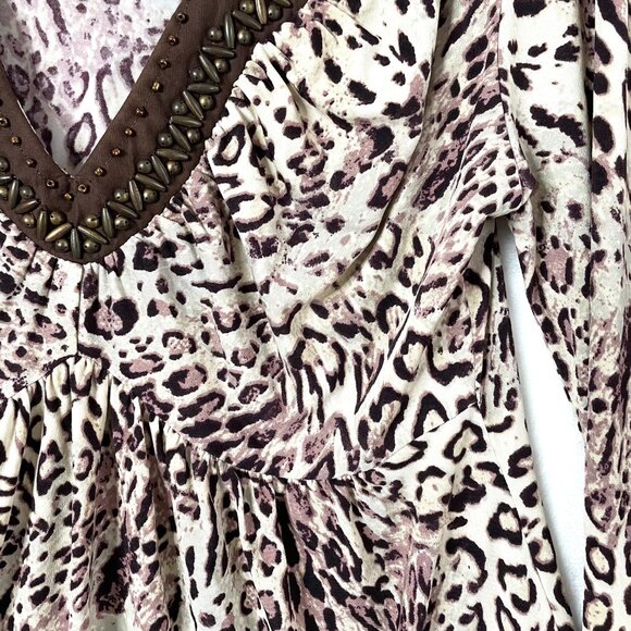 Boston Proper Shirt Womens S Brown Leopard Beaded Trim Long Sleeve Blouse NEW - Picture 5 of 9